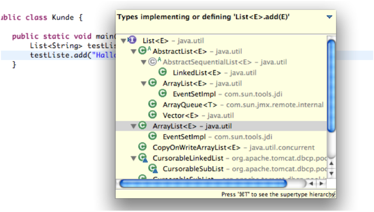 Type Hirachie in Java Editor