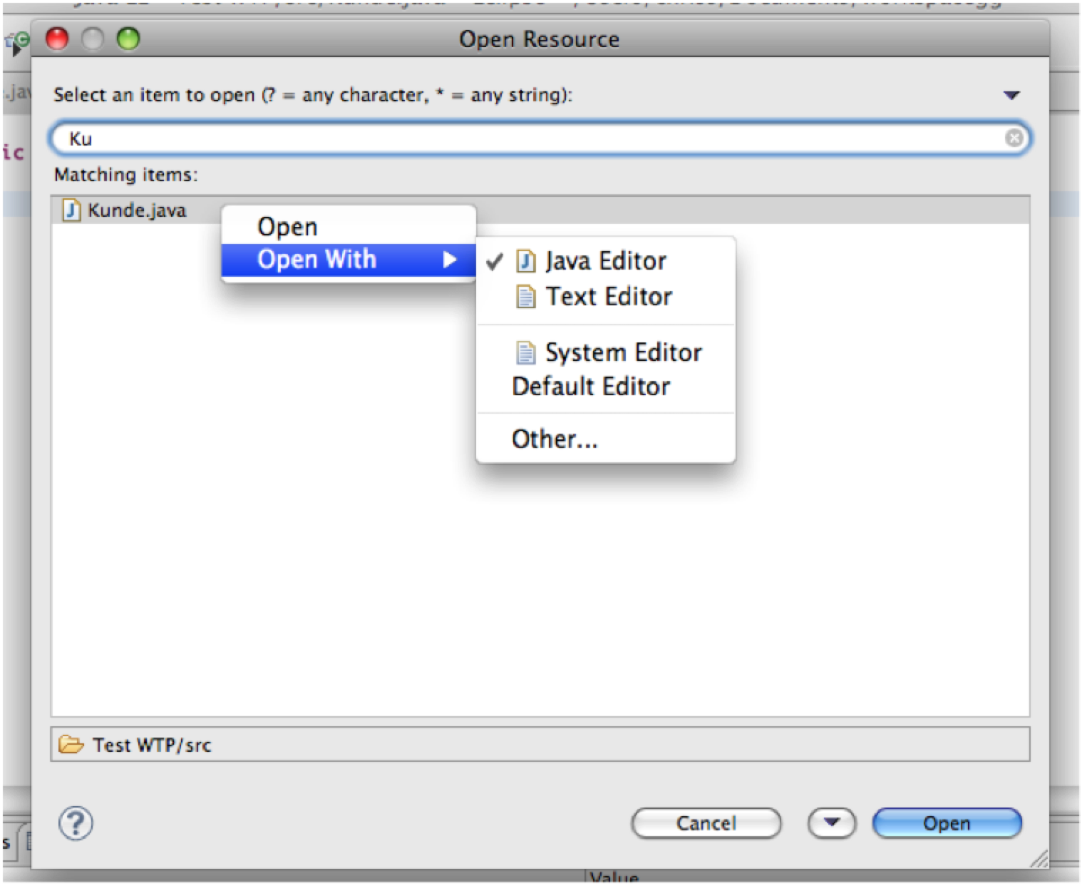 Open Ressource Dialog Eclipse